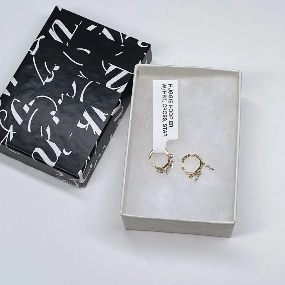 Carla Nancy B. 14k Gold Huggie Hoop earrings with star and cross charm